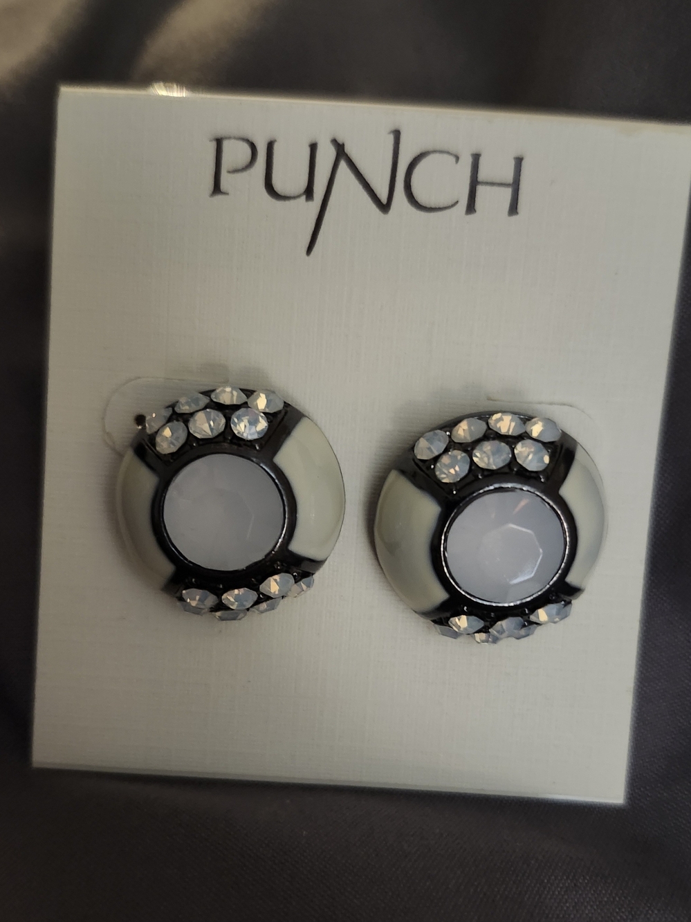 PUNCH Statement Stud Earrings Black White Off-White Rhinestone Cabochon